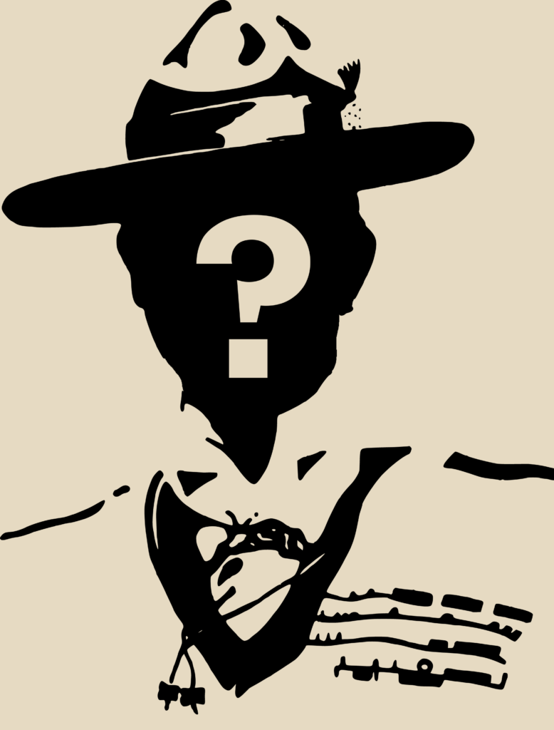 Baden Powell im Porträt mit Fragezeichen im Gesicht